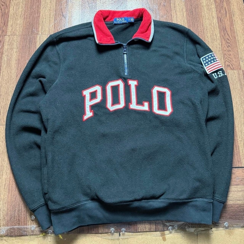 Polo Ralph Lauren Black USA Patch Sherpa Fleece Quarter Sweatshirt Small
